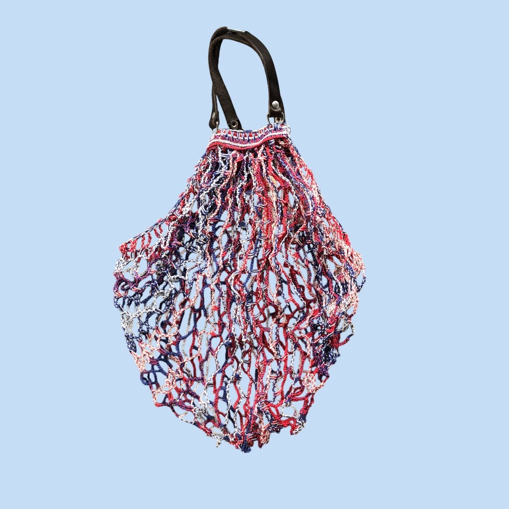 NWT‎ Merci Paris Net Mini Market Tote Bag Red White Blue Woven Mesh Wrist Bag
